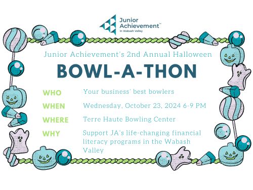 bowling ball with Bowl-a-thon logo for JA in  Wabash Valley