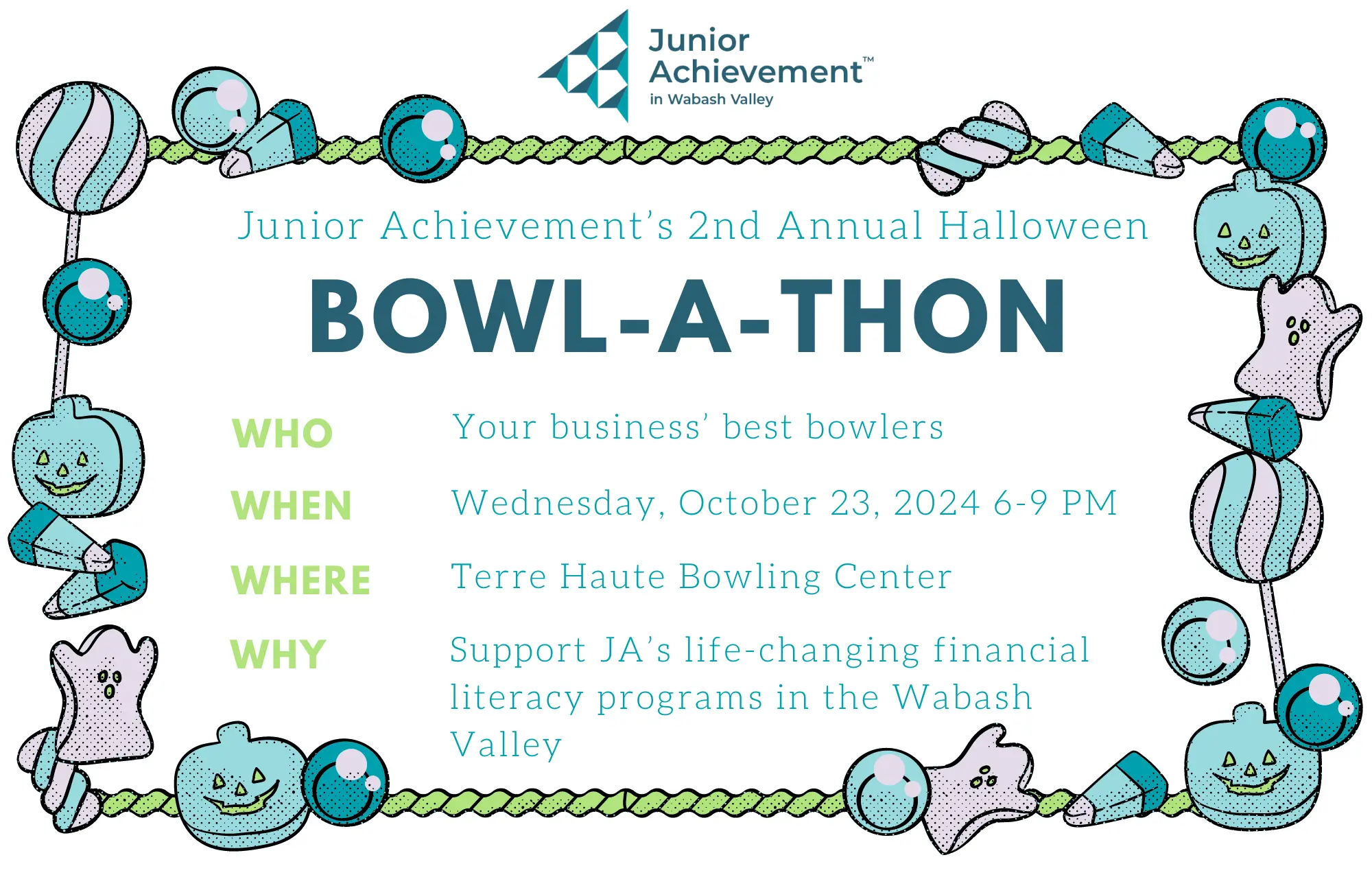 bowling ball with Bowl-a-thon logo for JA in  Wabash Valley